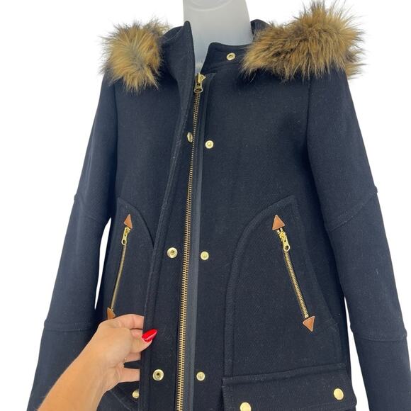 J.Crew Chateau Parka Wool Coat Black Fur Hood Size 2 A-Line Mid Thigh Warm Black - Picture 3 of 8